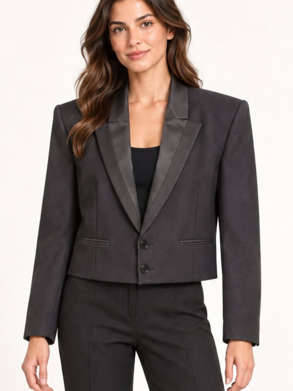 Vintage Women’s Cropped Tuxedo Jacket with Shoulder Pads – Size 8